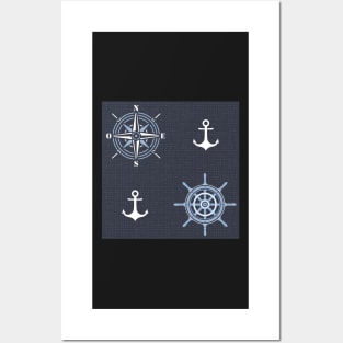 Pattern of anchors and compass roses on dark blue Posters and Art